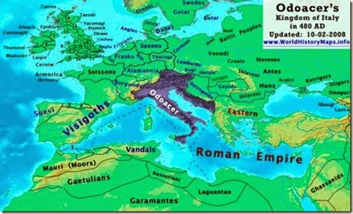 476 г. Одоакр заставляет отречься последнего императора Ромула Августа и становится королем Италии